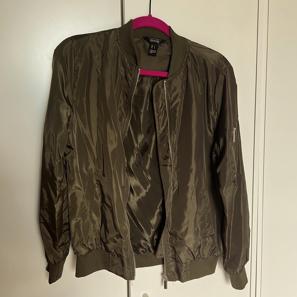 Olive Green Satin Bomber Jacket
